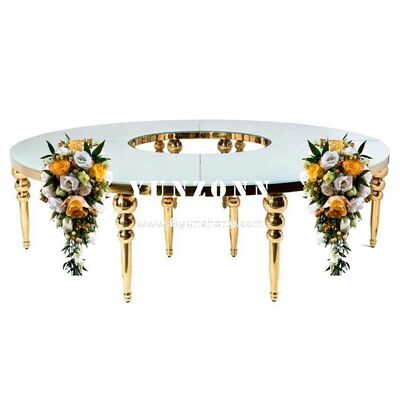 Buen precio Mesa de comedor redonda de acero inoxidable para bodas con tapa de vidrio semiredonda para banquetes, salas de estar, salones, hoteles, muebles de hotel en línea