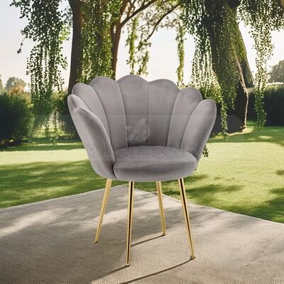 Buen precio Diseñador nórdico Silla de comedor de terciopelo gris Concha de forma de espalda Pierna de oro Silla individual Salón de estar Hotel Gimnasio-tapicería de metal en línea