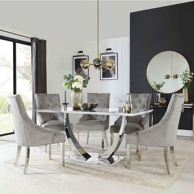 Buen precio La mesa de comedor superior de mármol negra de plata de acero inoxidable fijó las mesas de comedor modernas de lujo 150X90X75 en línea