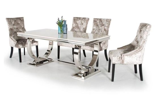 Buen precio La mesa de comedor de acero inoxidable de la pierna del oro de plata fijó 6 Seater con el top de mármol en línea